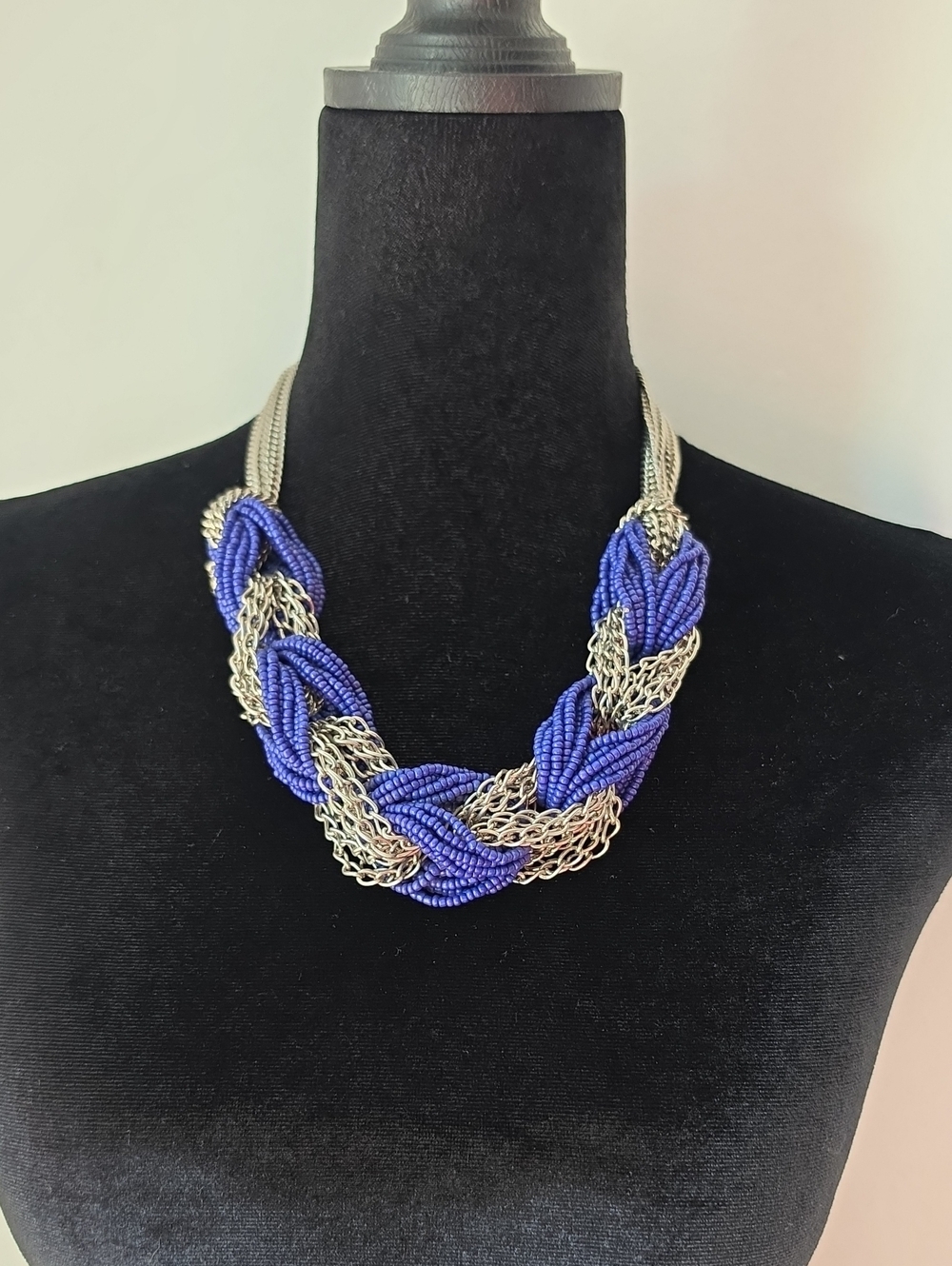 Braided Blue and Silver Statement Necklace